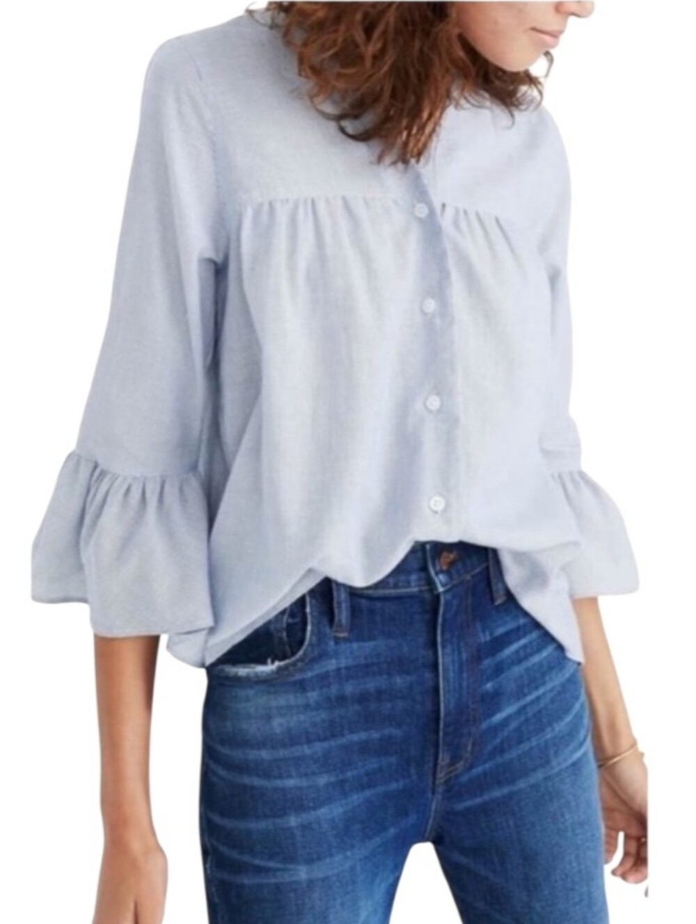 Madewell Veranda Bell Sleeve Blue White Striped Button Up Blouse sz M